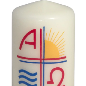 Kerze : Osterkerze mit Motiv Sonne-Welle-Alpha-Omega - ohne Zahl